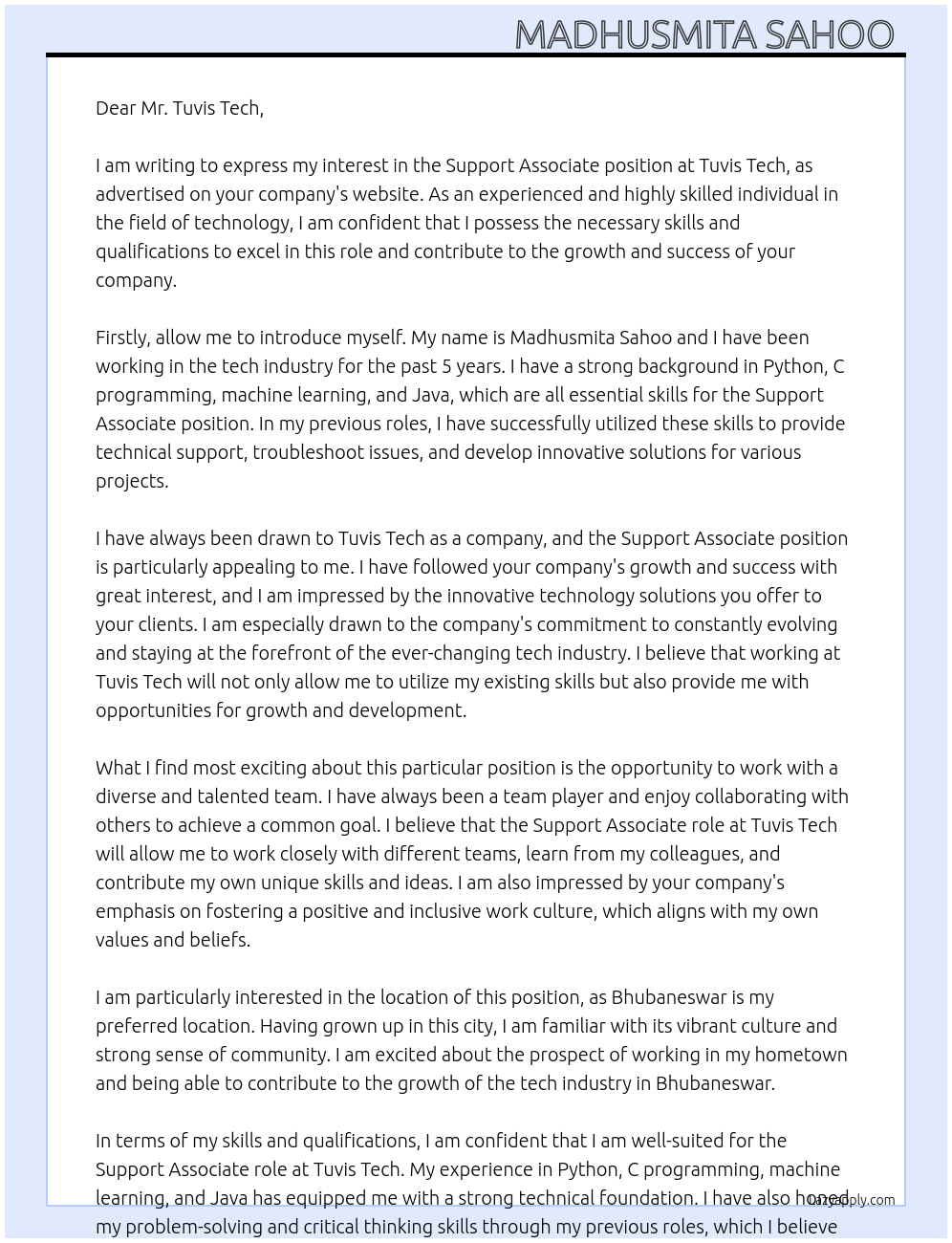 Support Associate  At Tuvis tech Cover Letter