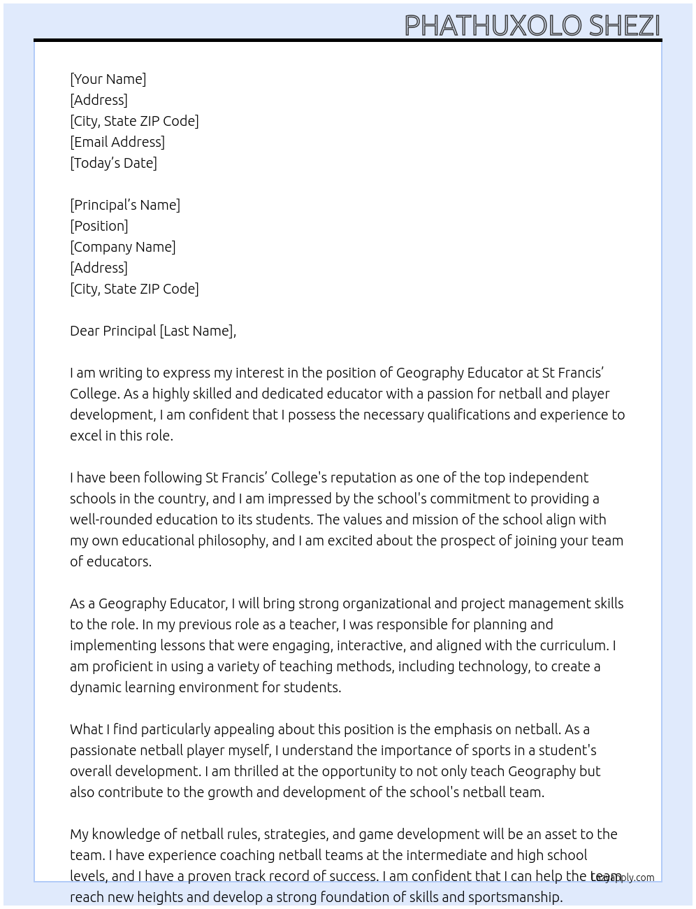 Geography Educator At St Francis’ College  Cover Letter