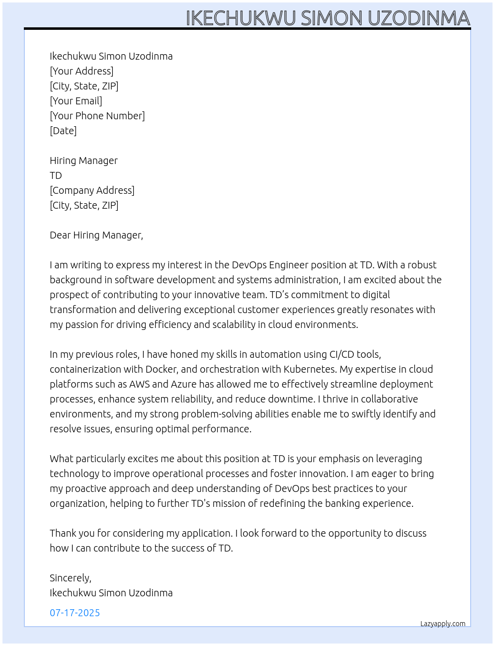 DevOps engineer At td Cover Letter
