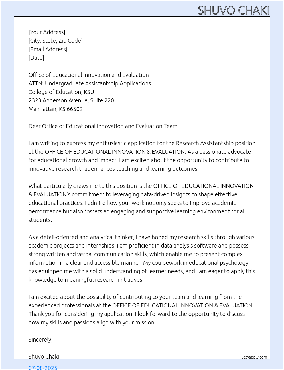 Cover letter for research assistantship - LazyApply