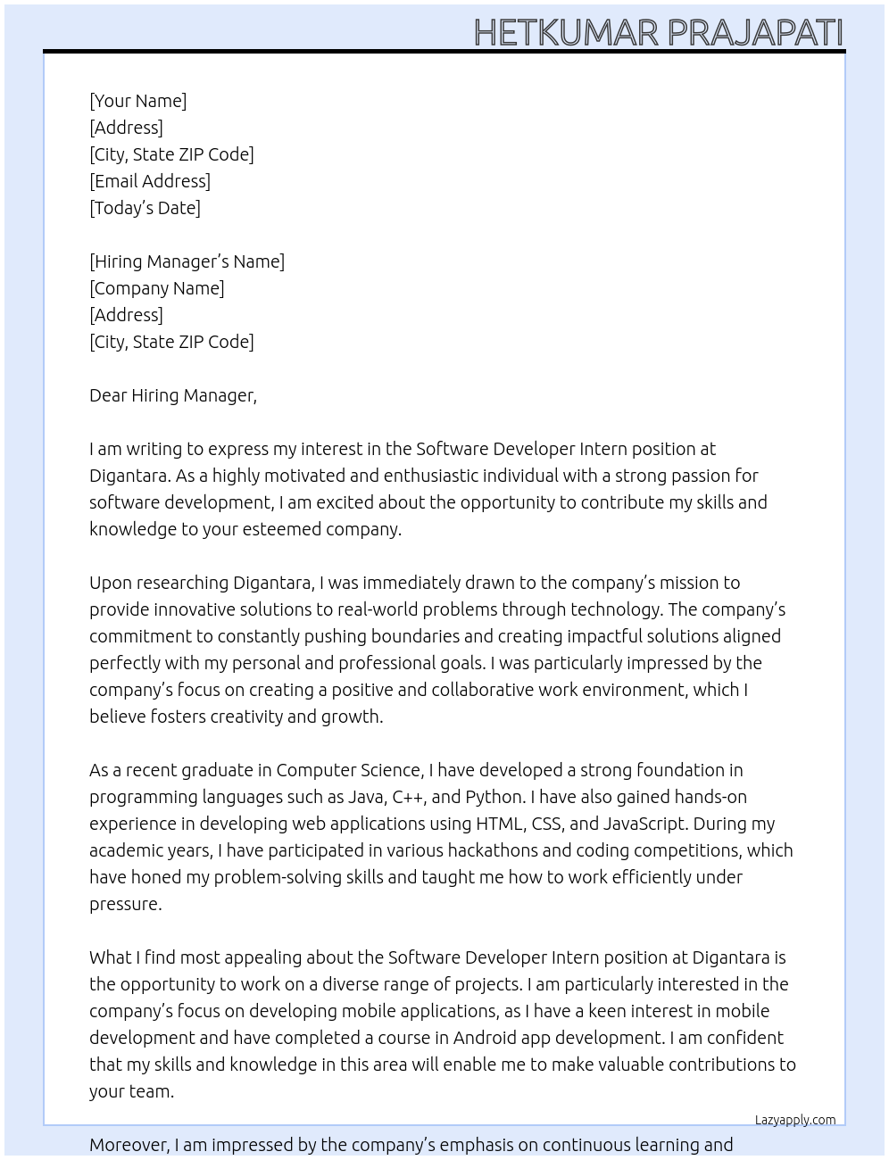 Software Developer Intern At Digantara Cover Letter