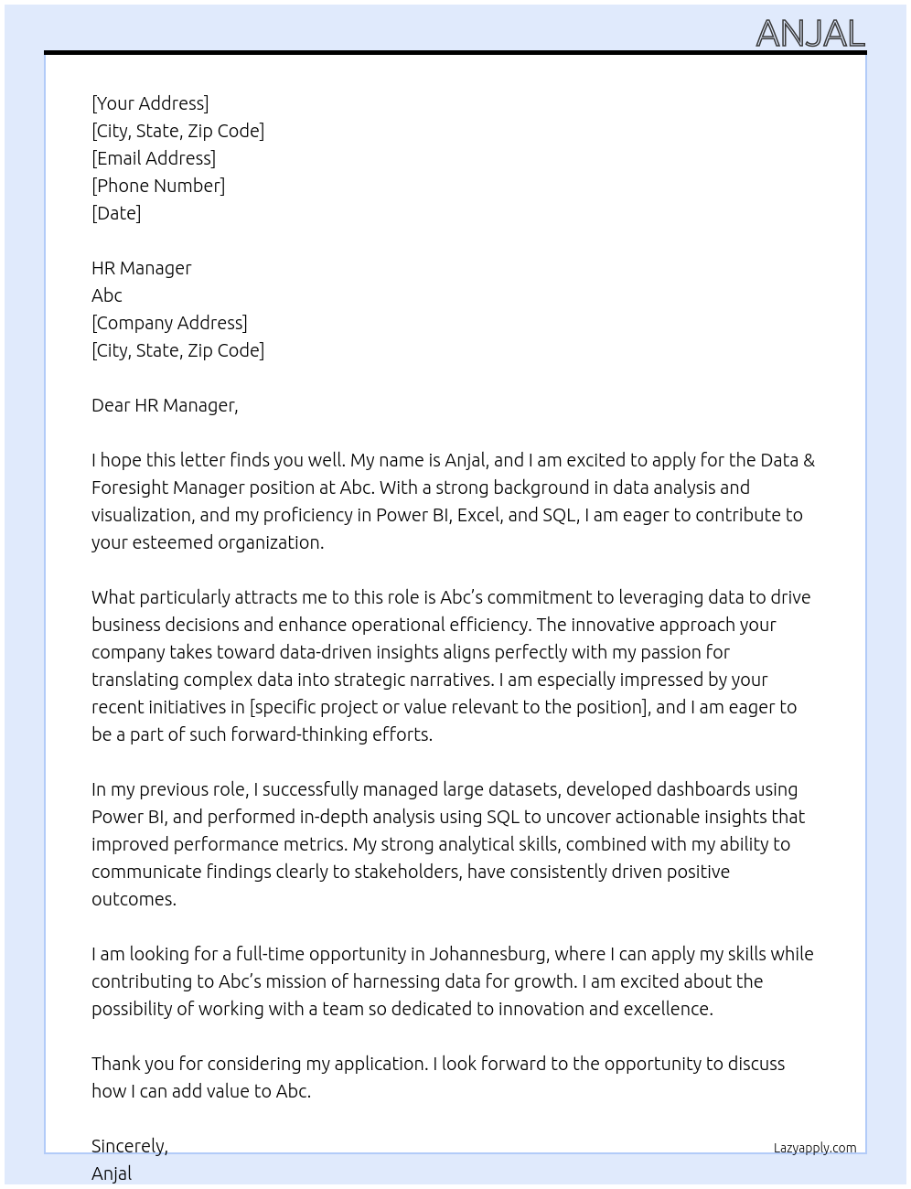Data & Foresight manager At Abc Cover Letter