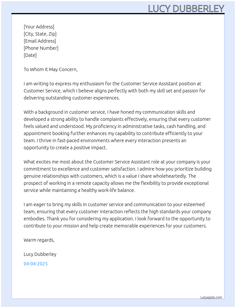 Customer service assistant At Customer service Cover Letter