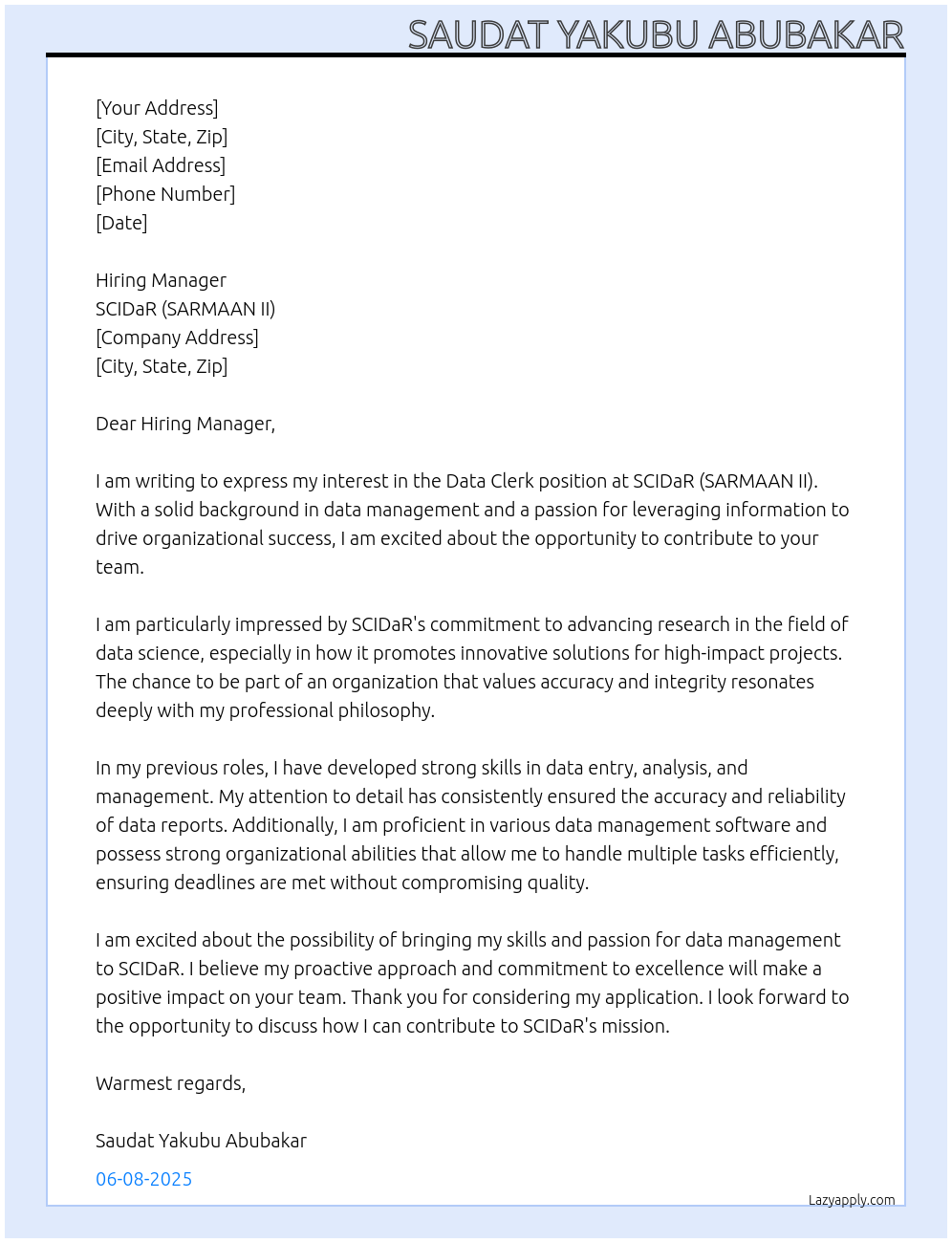 Data Clark   At SCIDaR(SARMAAN II) Cover Letter