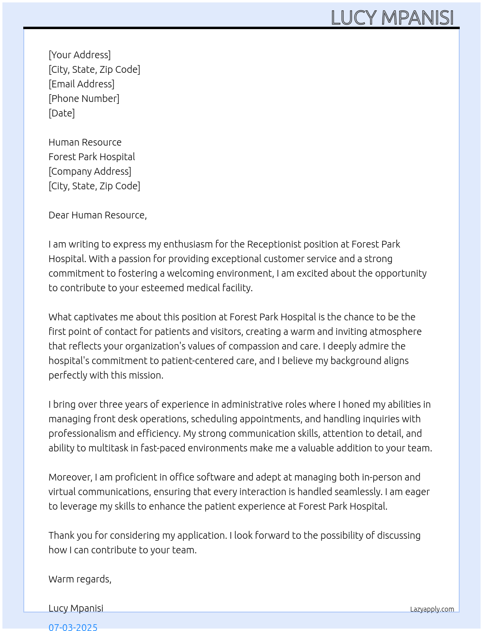 Receptionist At Forest park hospital Cover Letter