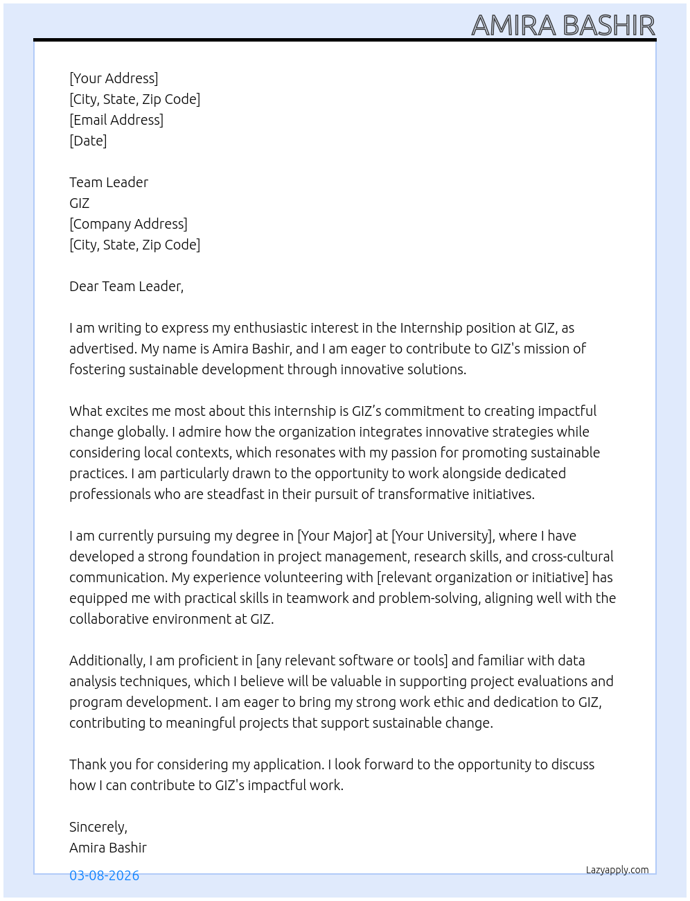 Internship At GIZ Cover Letter