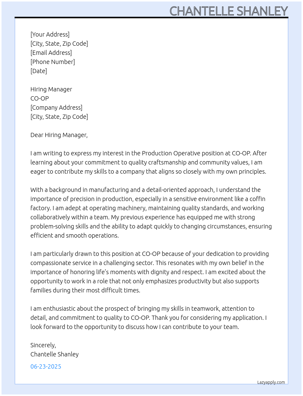 Production Operative - Coffin Factory At CO-OP Cover Letter