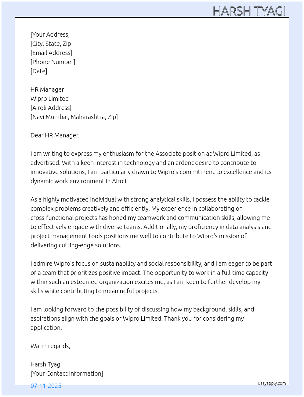 Associate At Wipro limited Cover Letter