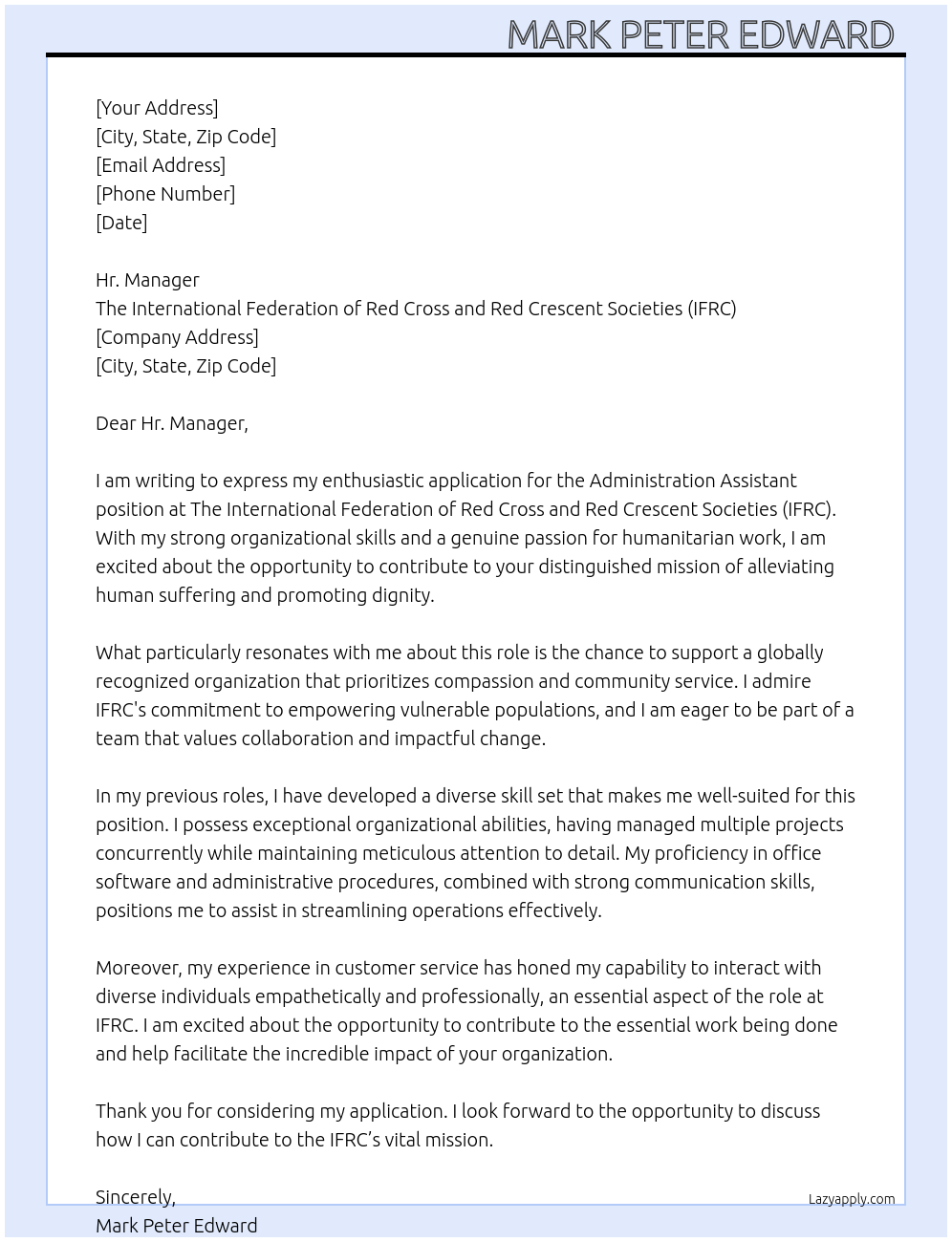 Administration assistant At The International Federation of Red Cross and Red Crescent Societies (IFRC) Cover Letter