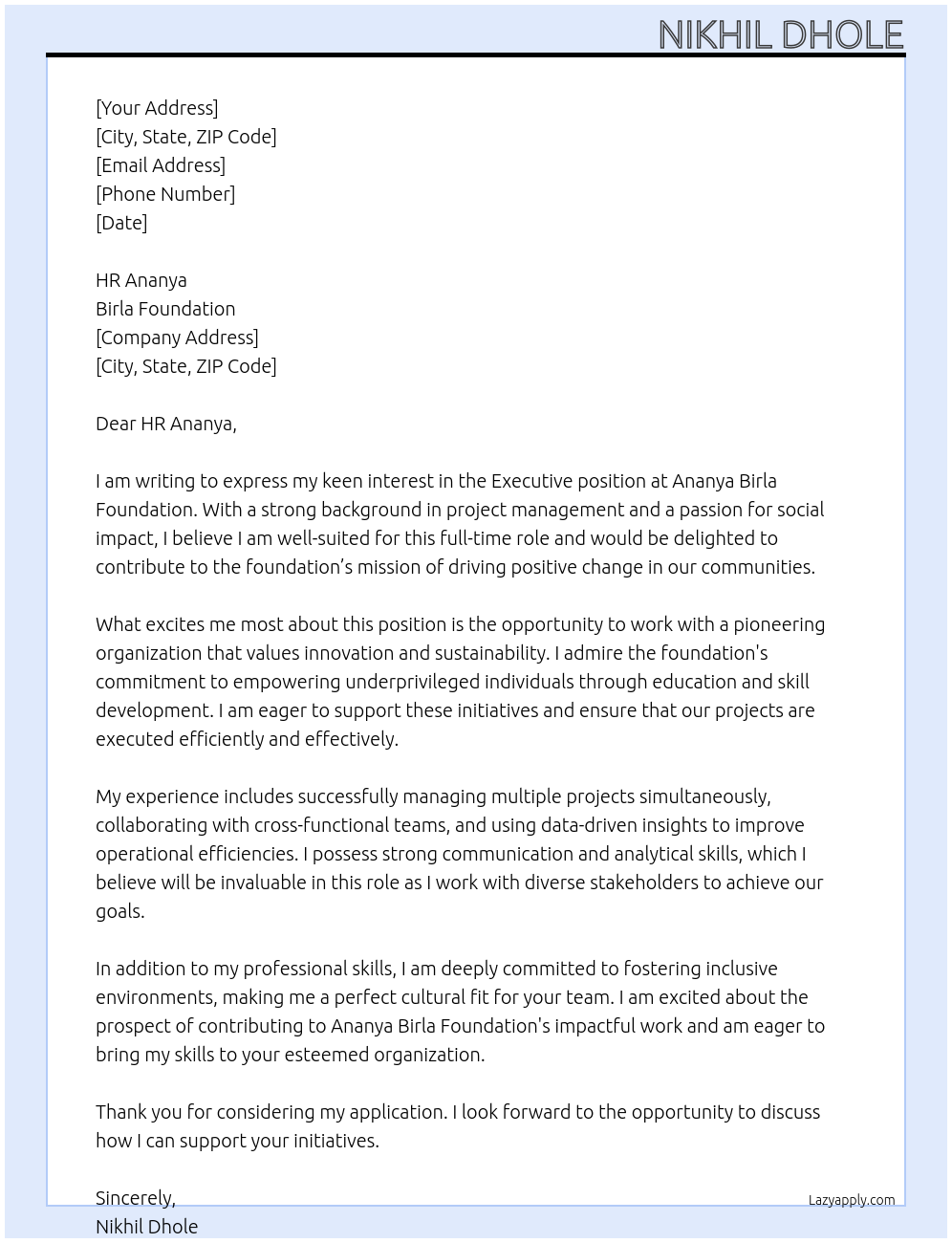 executive At Ananya Birla Foundation Cover Letter