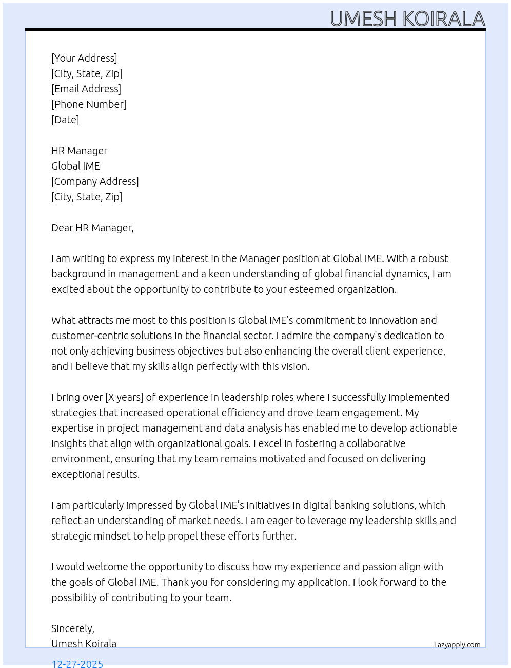 manager At global ime Cover Letter