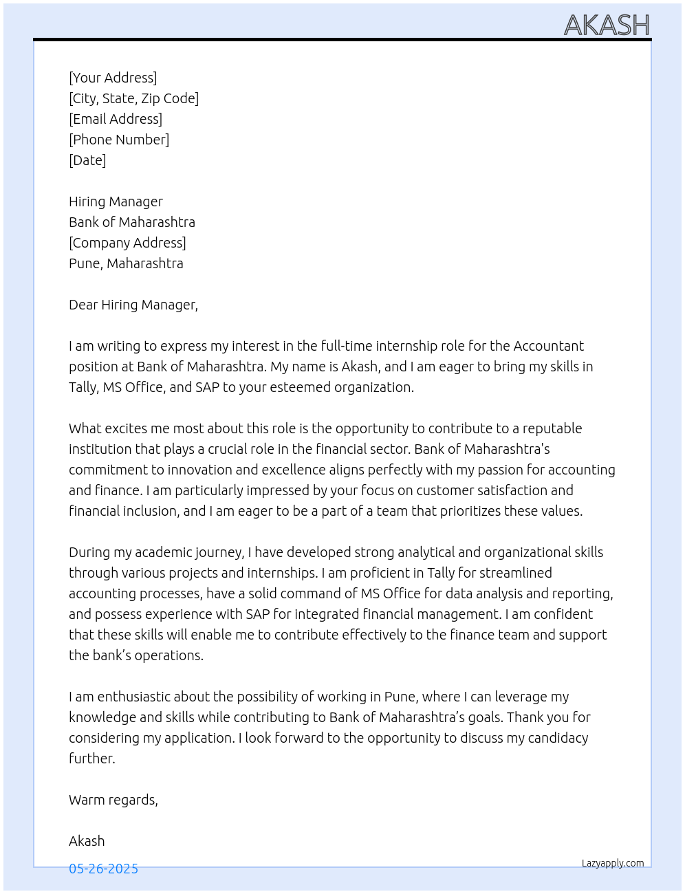 Accountant At Bank of Maharashtra Cover Letter