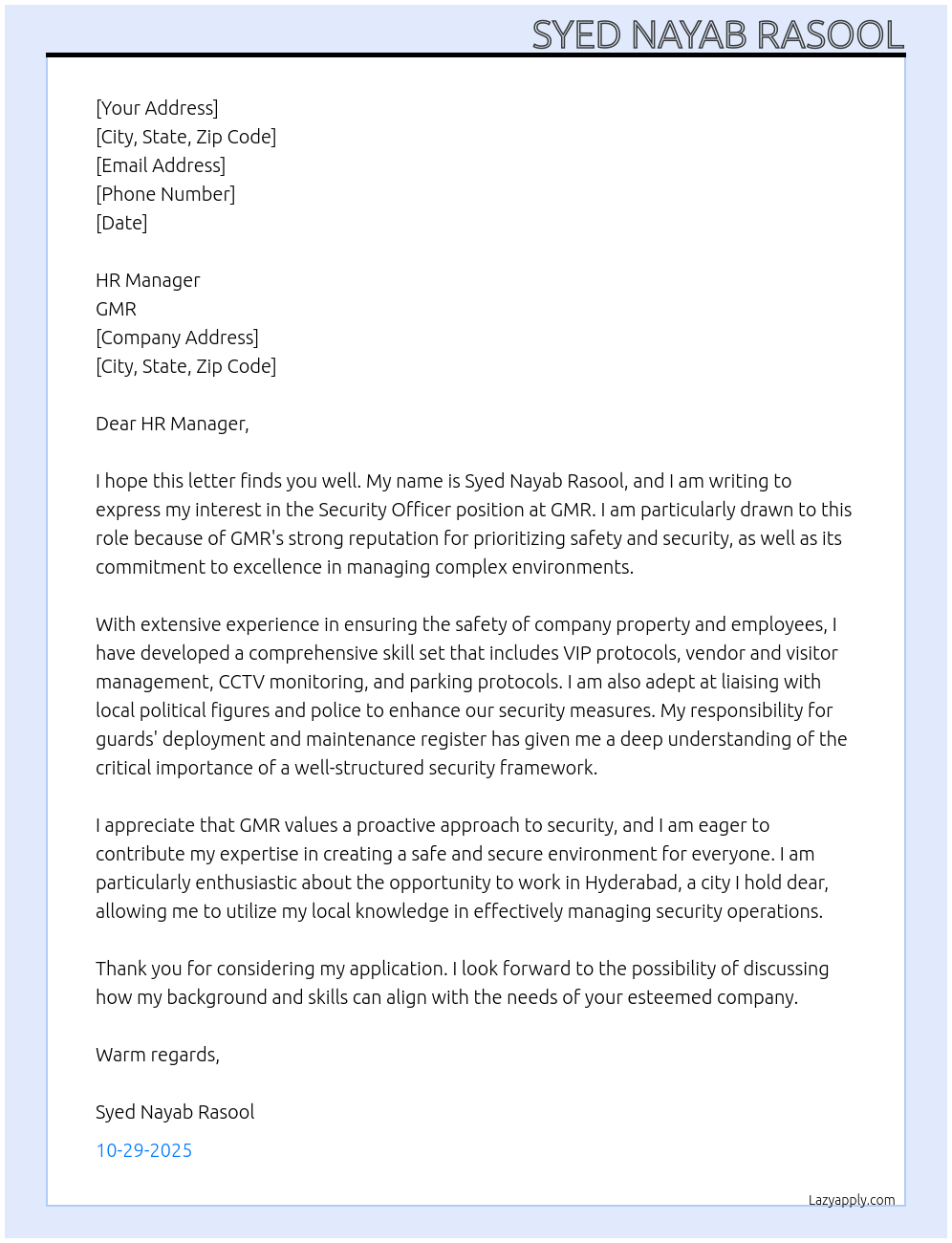 Security officer At GMR Cover Letter