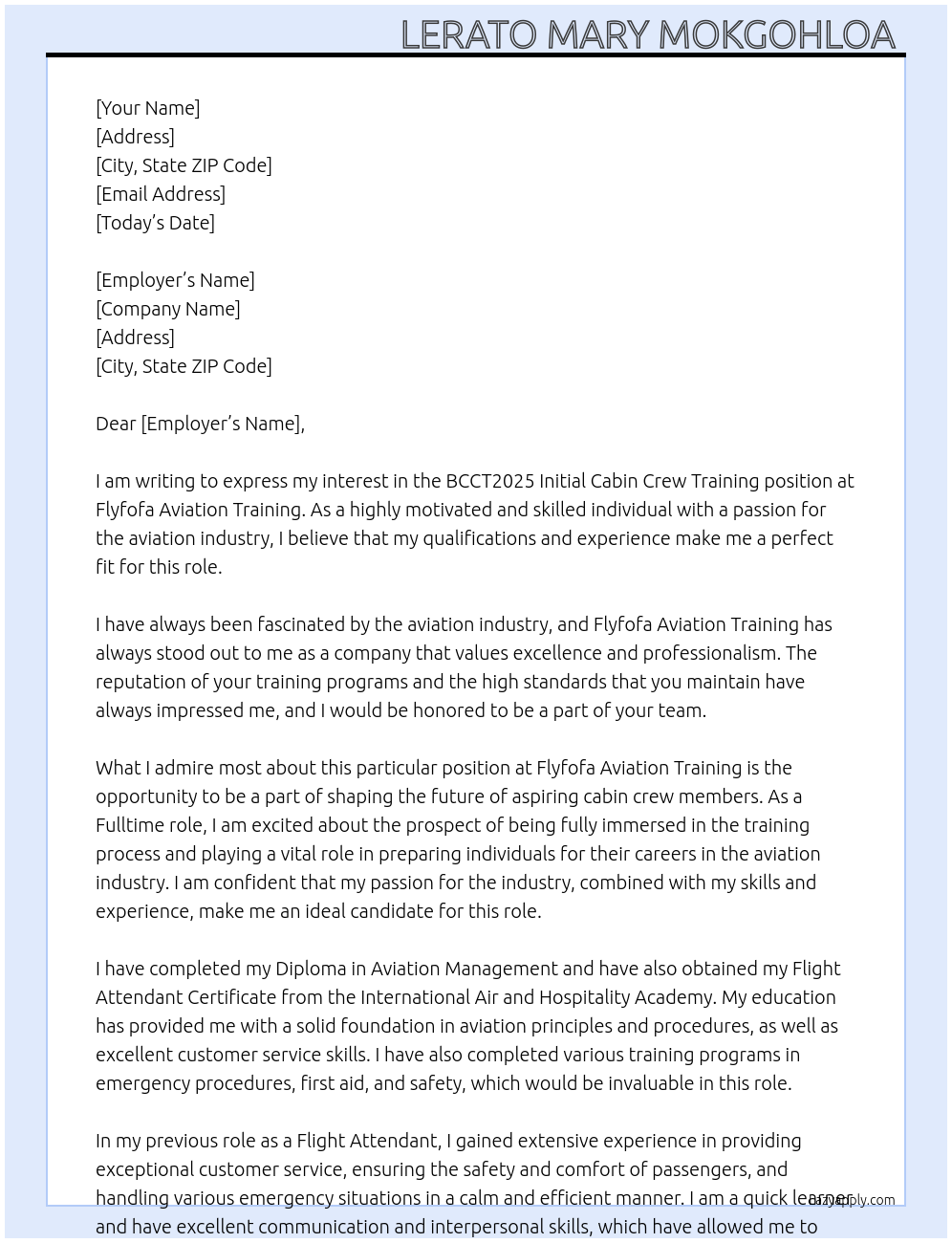 BCCT2025 Initial cabin crew training At Flyfofa aviation training Cover Letter