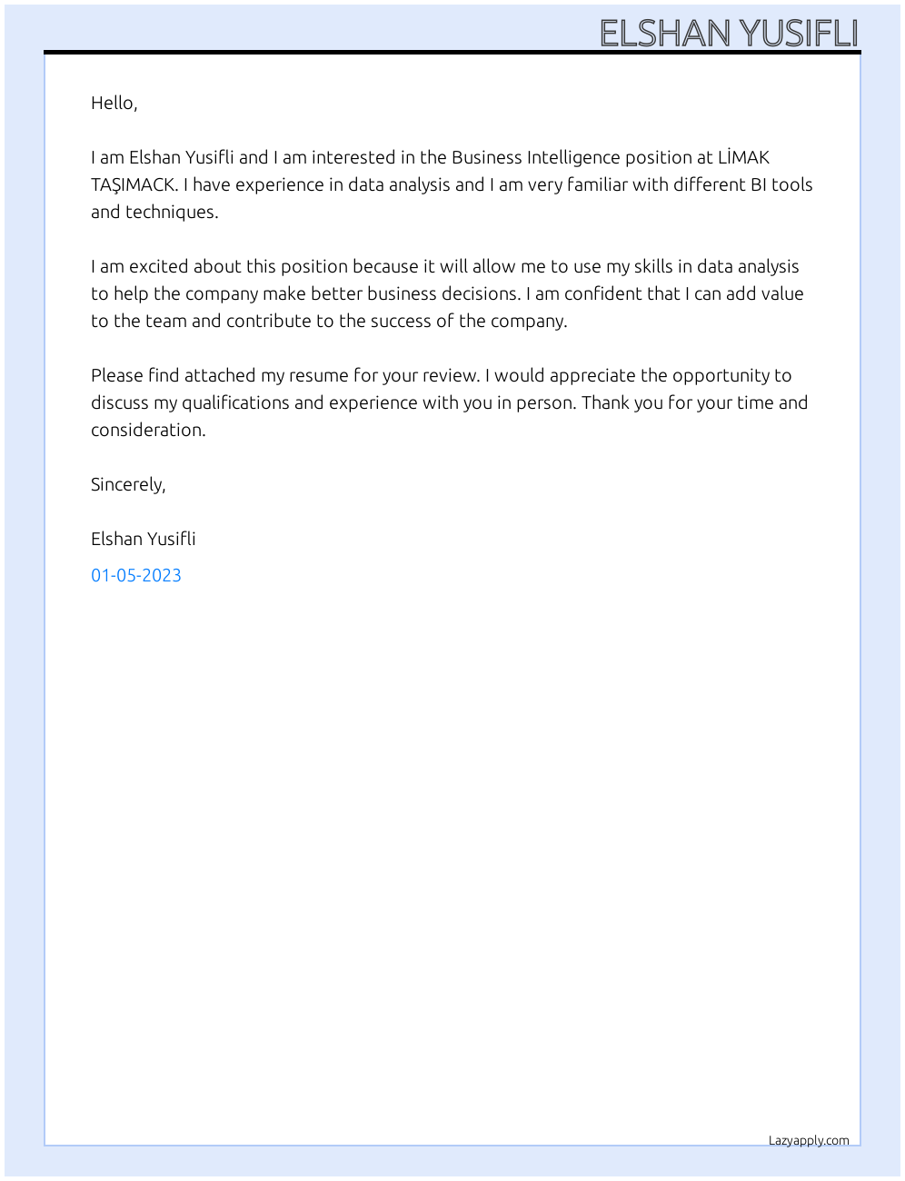 Cover letter for business intelligence - LazyApply