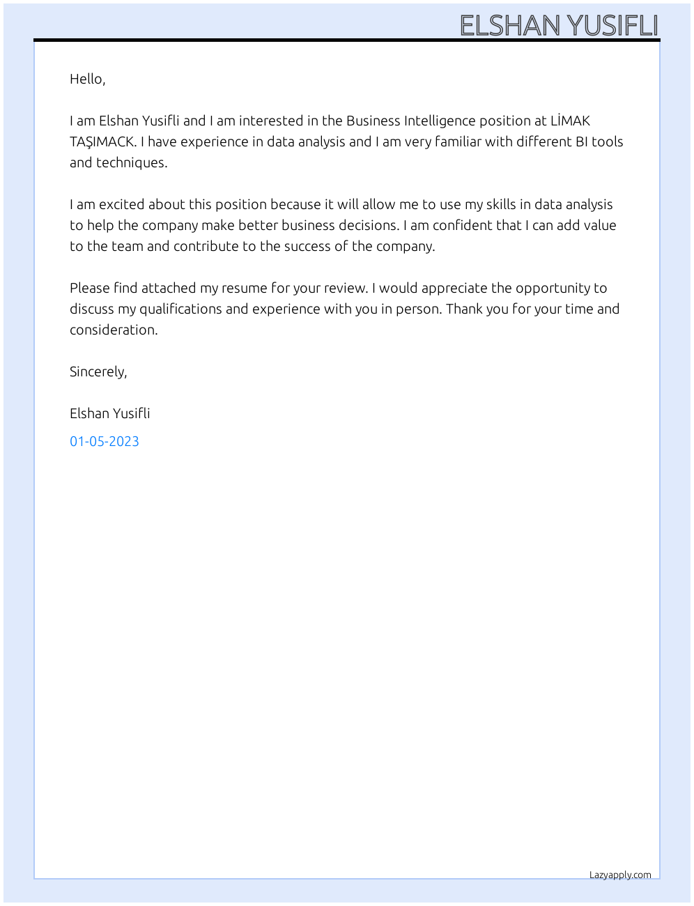 Business Intelligence At LİMAK TAŞIMACK Cover Letter