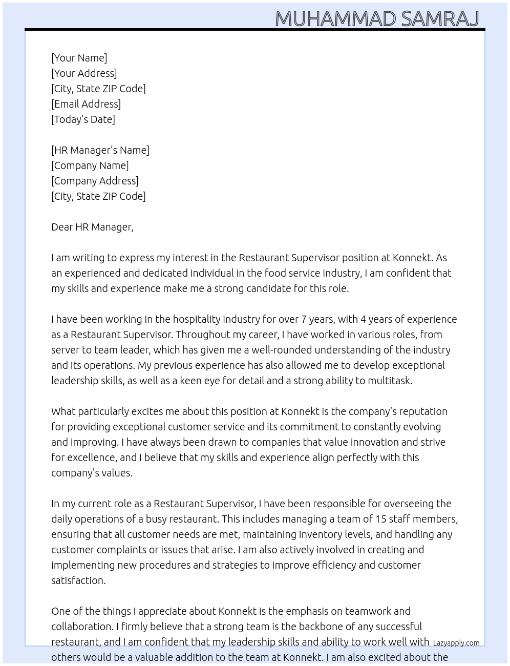 Restaurant Supervisor At Konnekt Cover Letter
