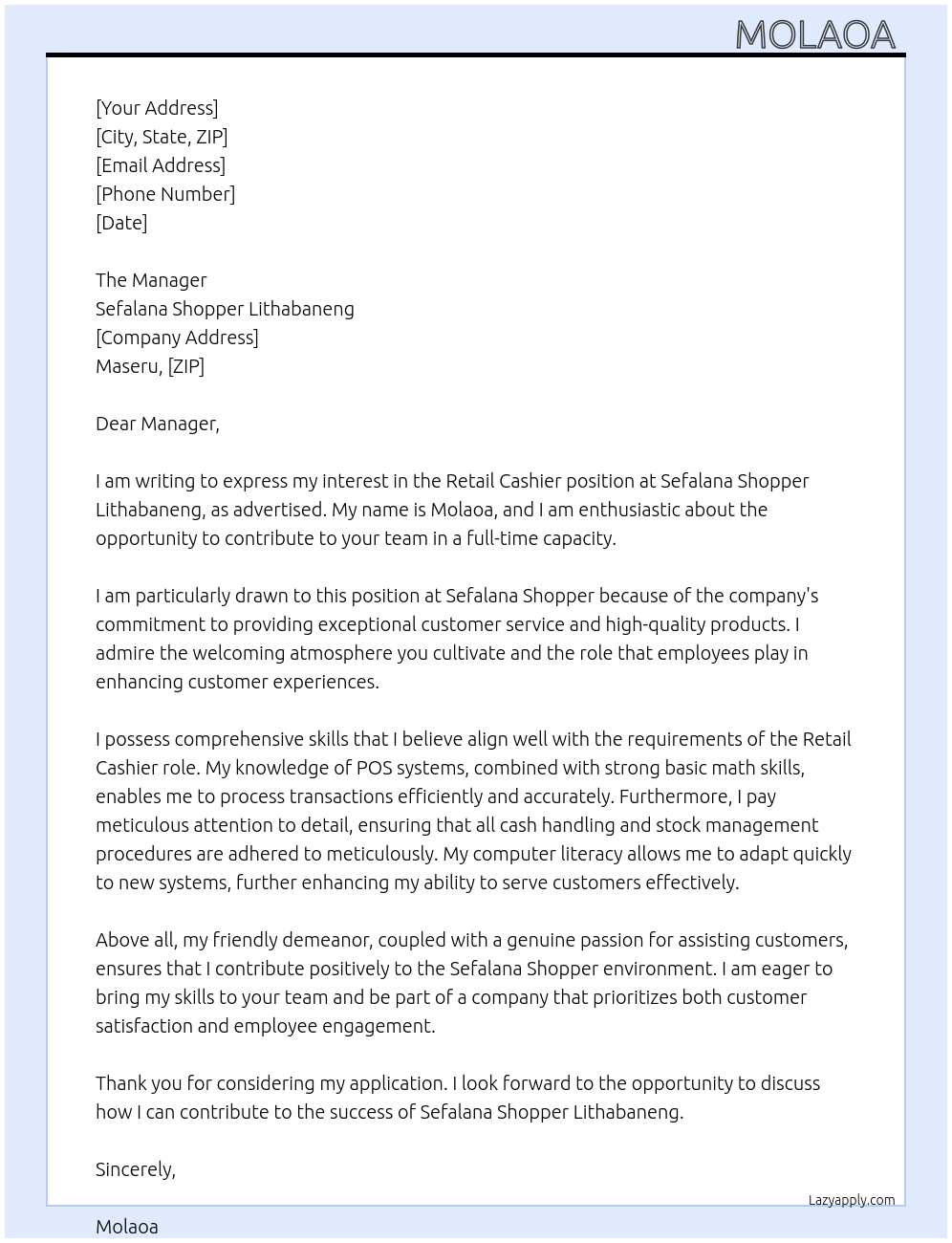 Retail cashier  At Sefalana Shopper Lithabaneng  Cover Letter