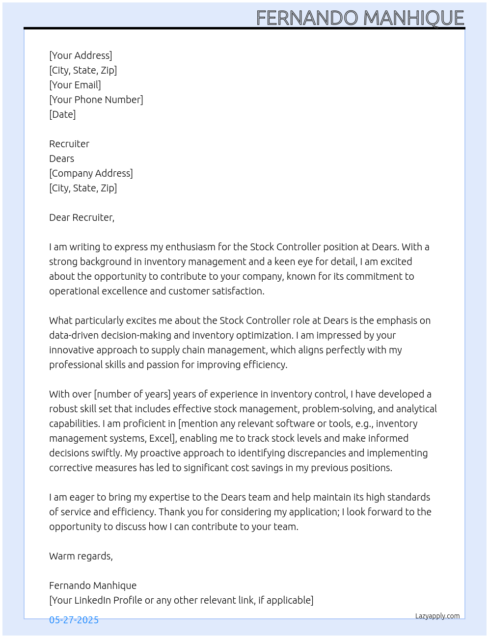 Stock Controller At Dears Cover Letter