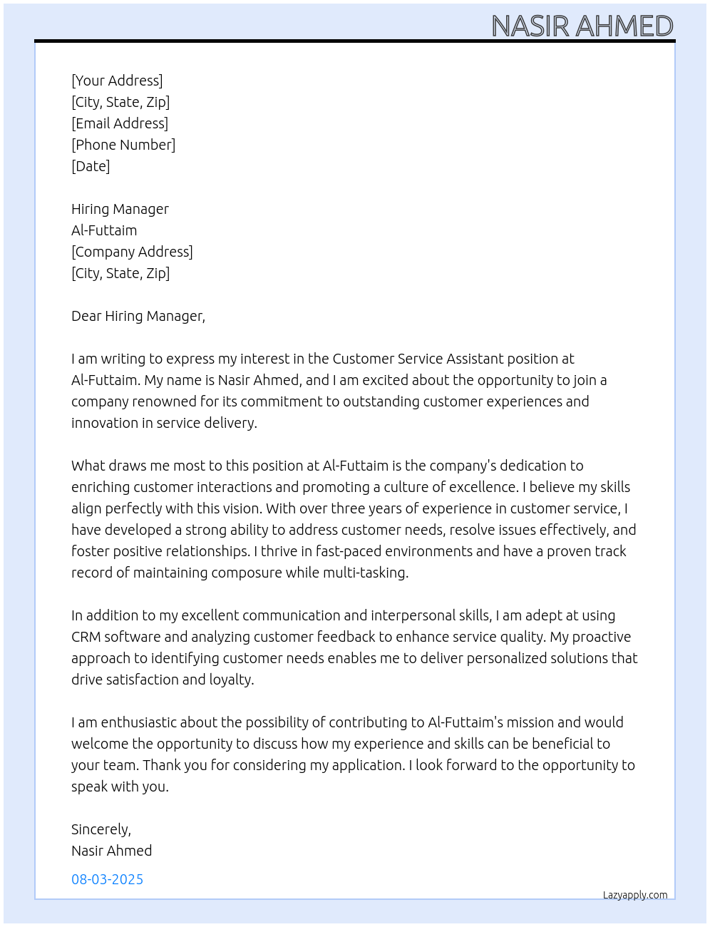 Customer service assistant At Al-Futtaim Cover Letter