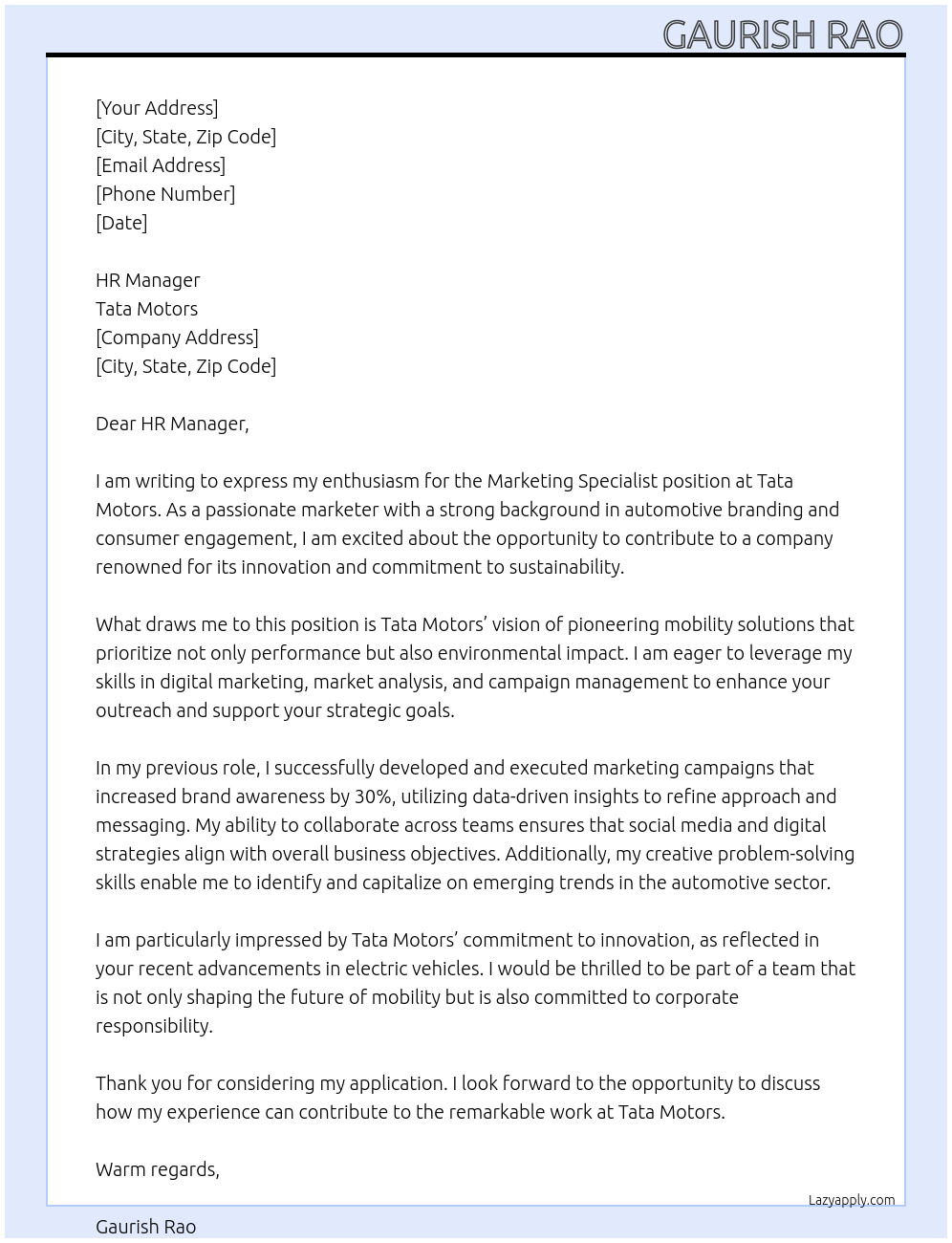 Marketing specialist At Tata Motors Cover Letter