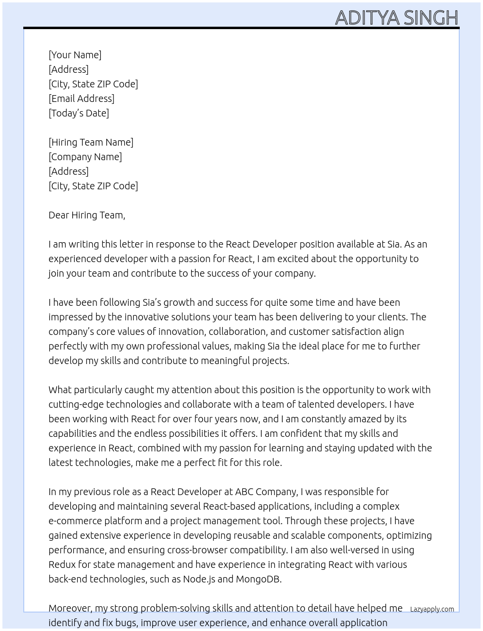 React Developer At Sia Cover Letter