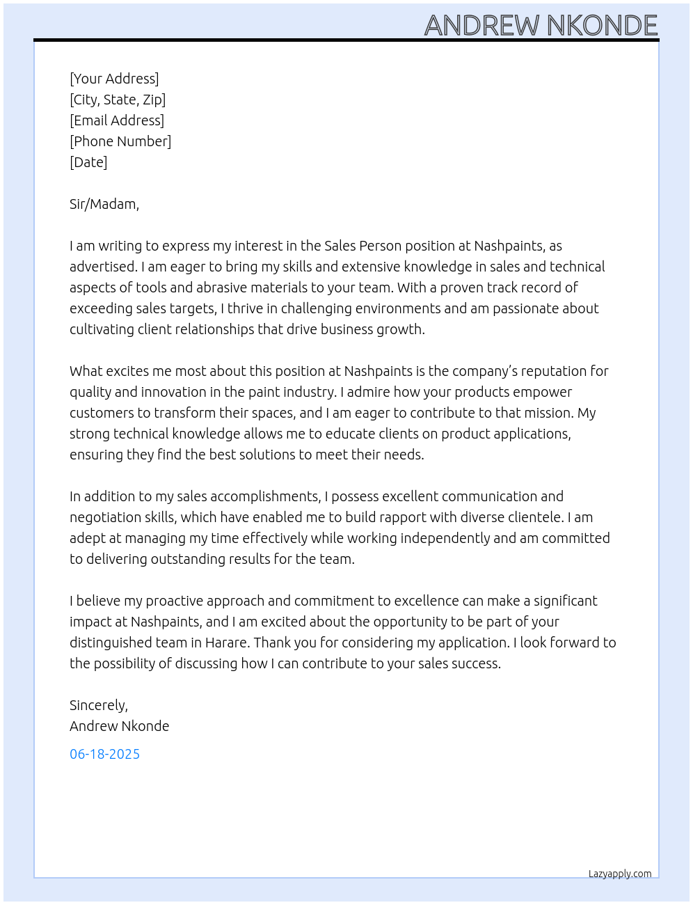 Sales person At Nashpaints Cover Letter