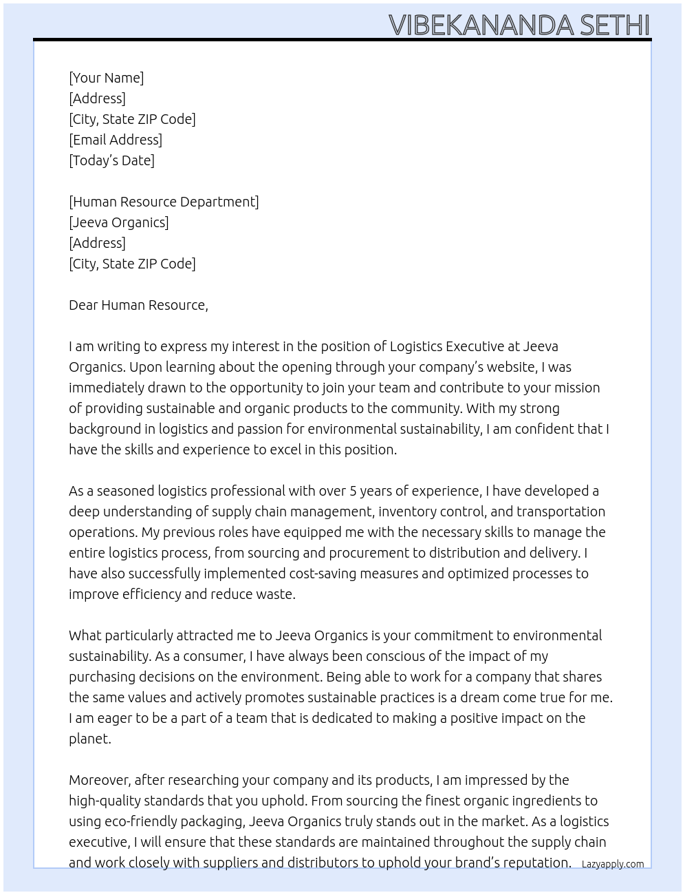 Logistics Executive At Jeeva Organics Cover Letter