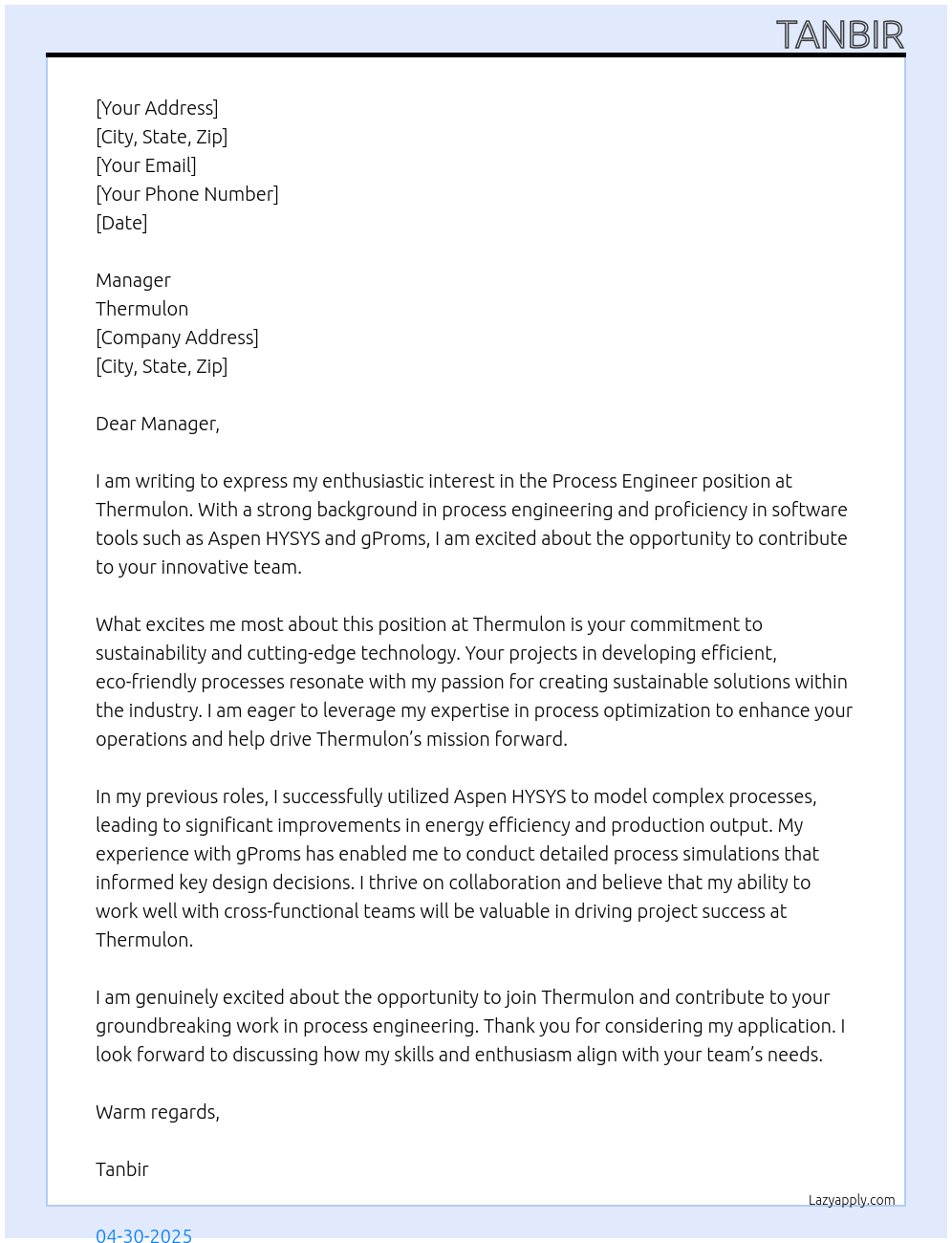 process engineer At Thermulon Cover Letter