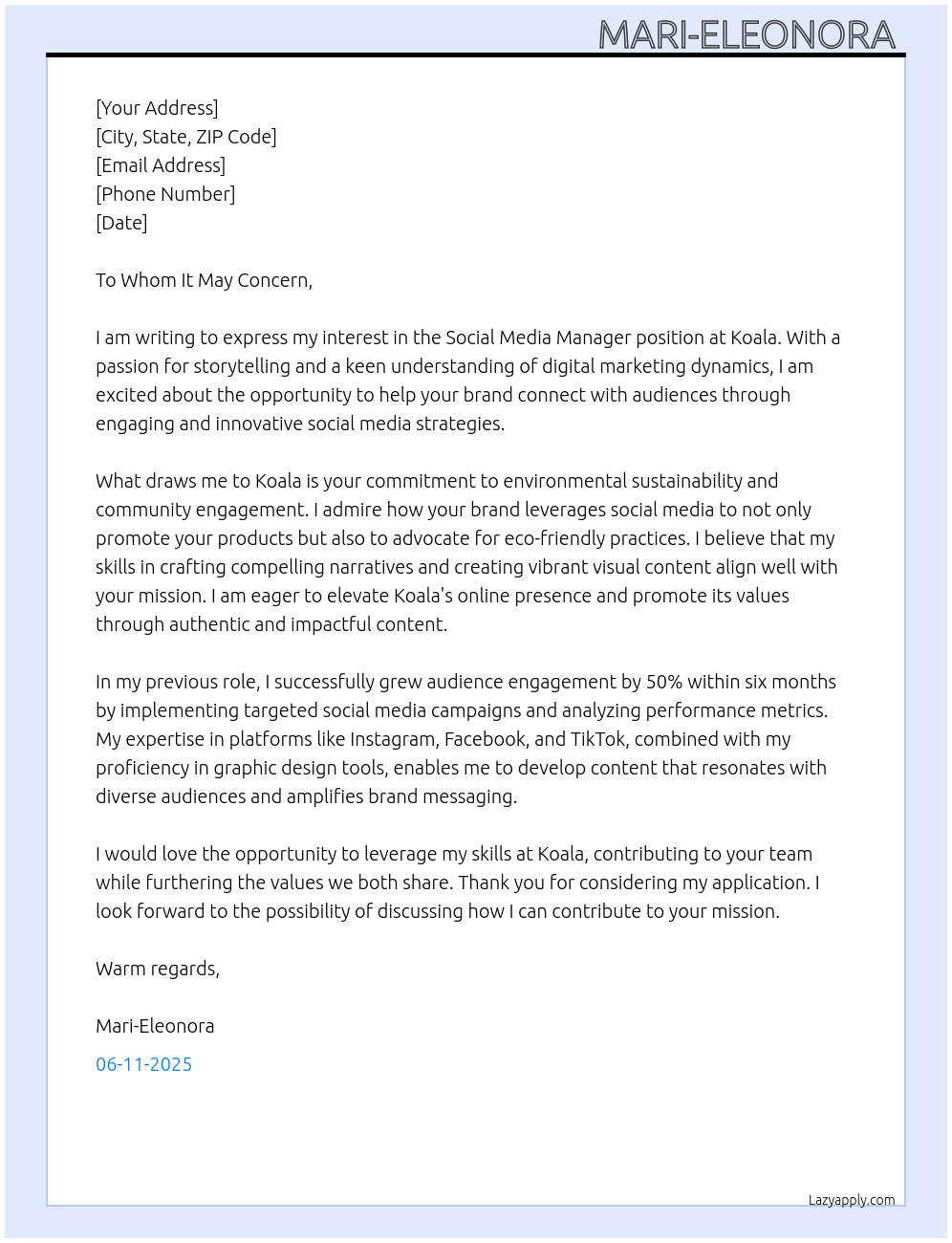 social media manager At Koala Cover Letter