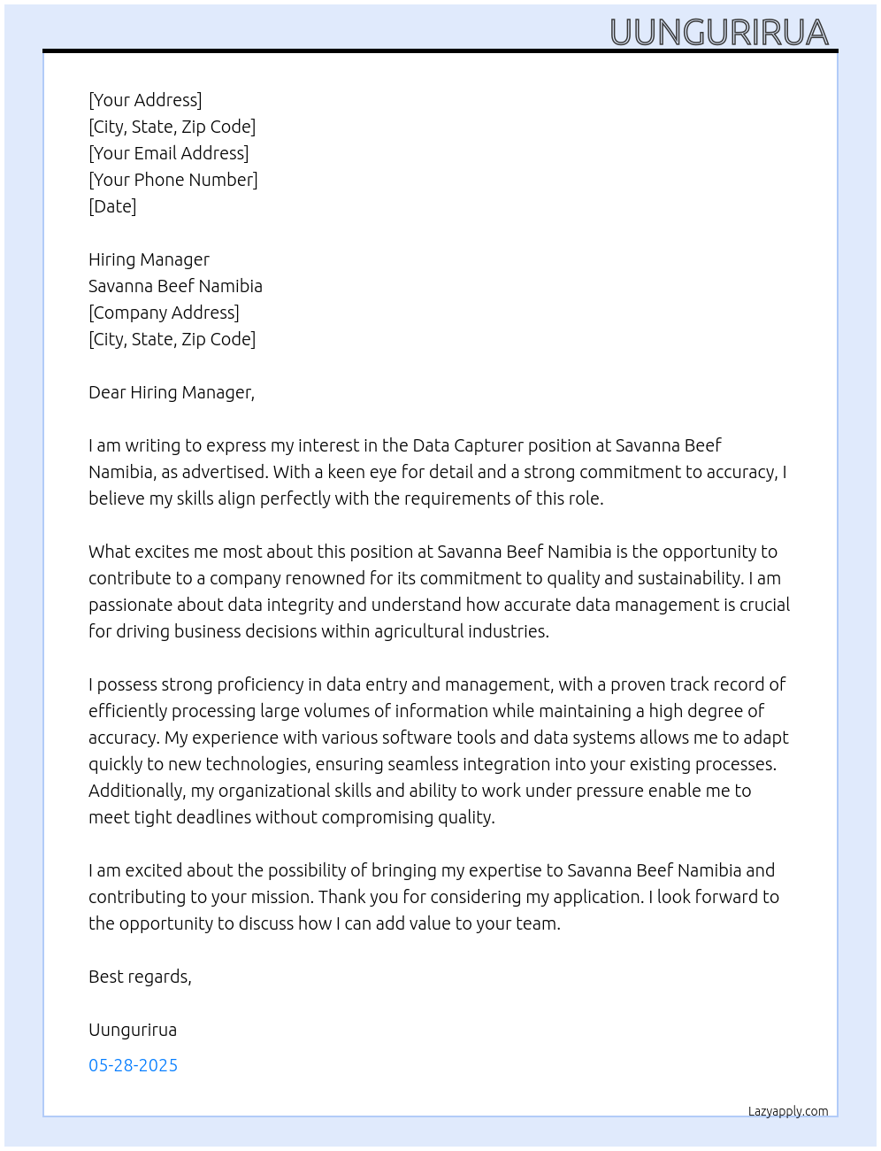 Data capturer At Savanna Beef Namibia Cover Letter