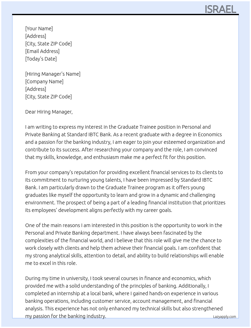 Graduate trainee - personal and private banking At Standard IBTC Bank Cover Letter