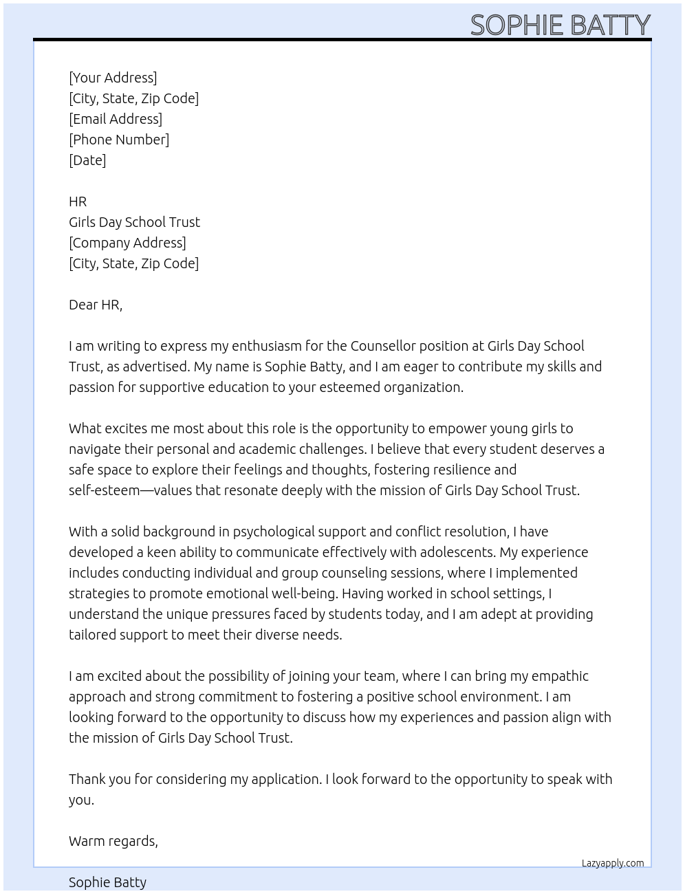 Cover letter for counsellor - LazyApply