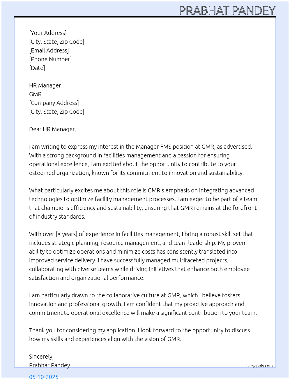 Manager-FMS At GMR Cover Letter