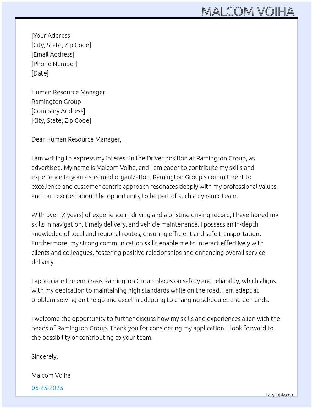 Driver position At Ramington group Cover Letter