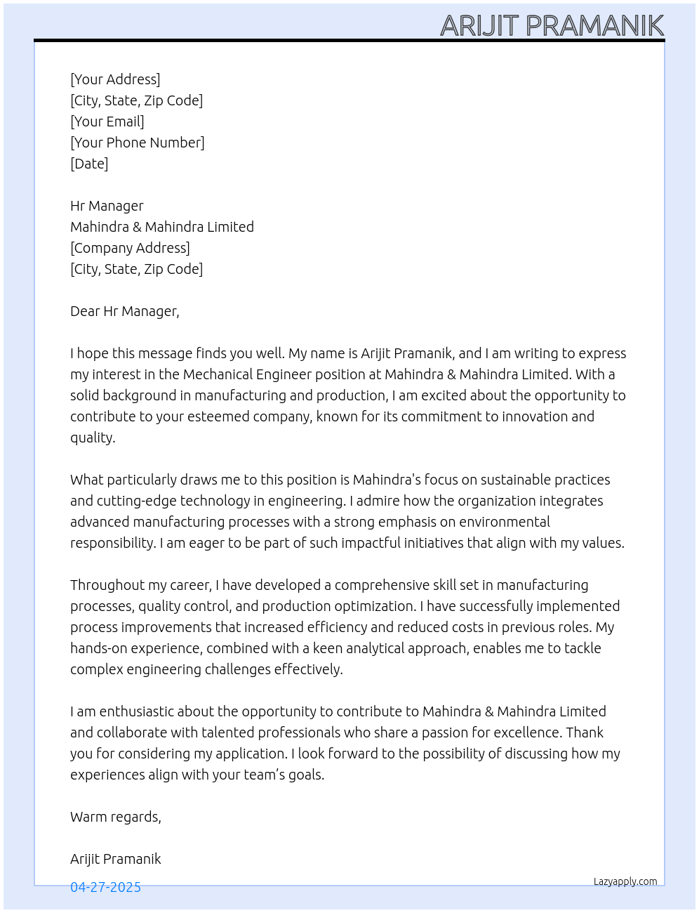 Mechanical Engineer At Mahindra & Mahindra Limited Cover Letter