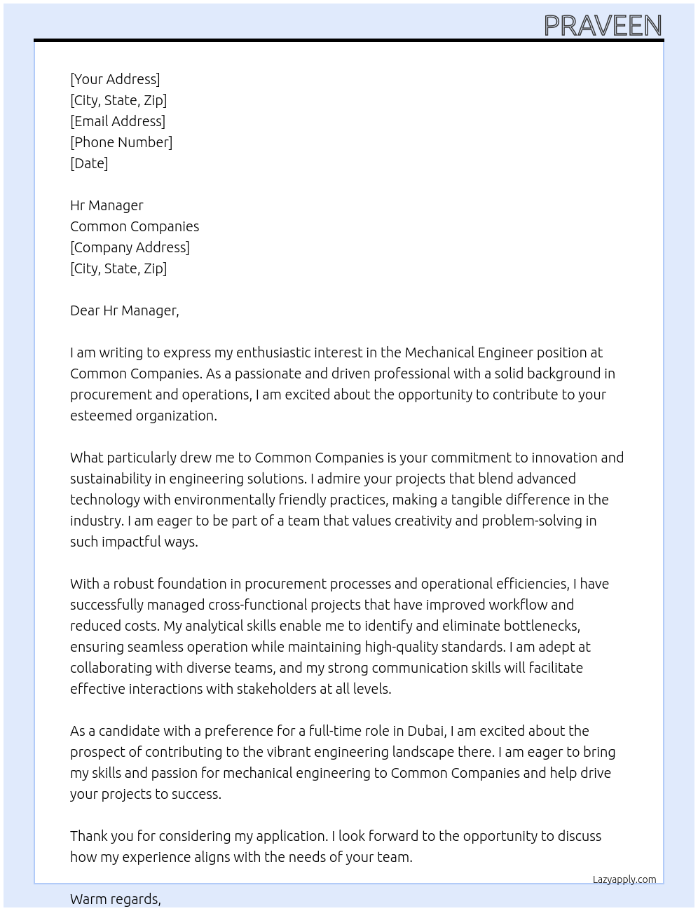 Mechanical Engineer At Common companies Cover Letter