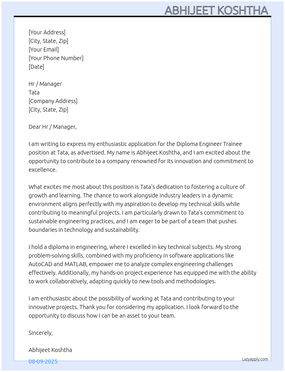 Diploma engineer Trainee  At Tata Cover Letter