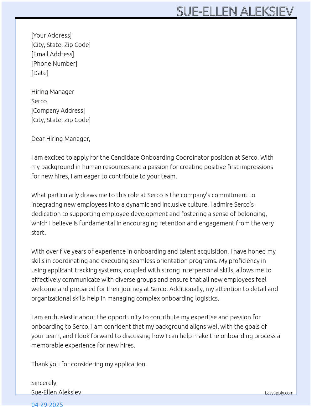Candidate Onboarding Coordinator  At Serco Cover Letter