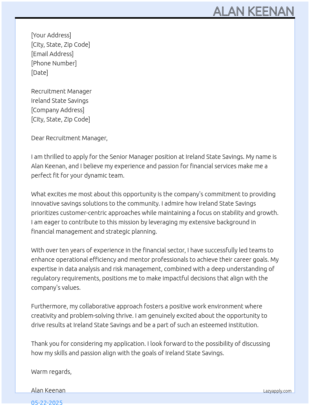 Senior Manager At Ireland State Savings Cover Letter