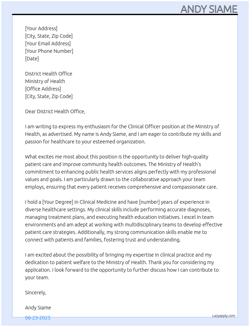 Clinical officer At Ministry of health Cover Letter