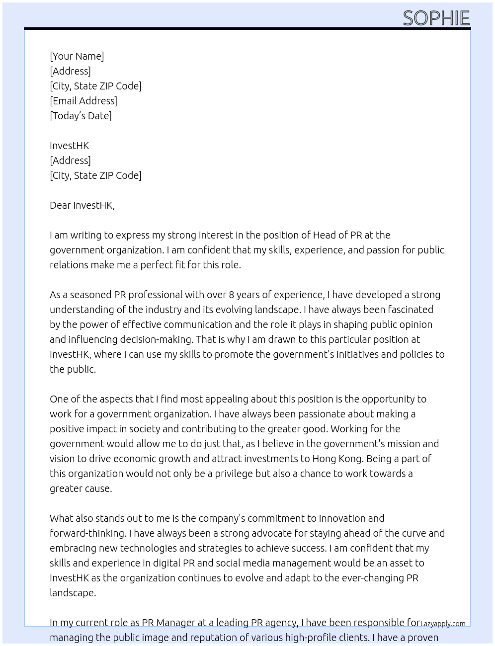 Cover letter for head of pr - LazyApply