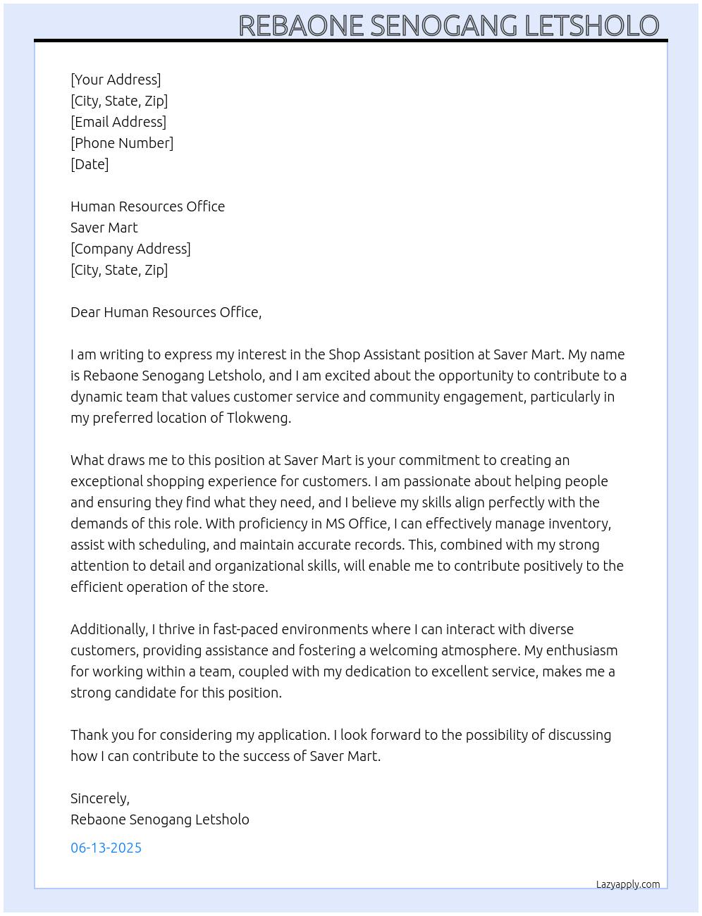 SHOP ASSISTANT At Saver mart Cover Letter