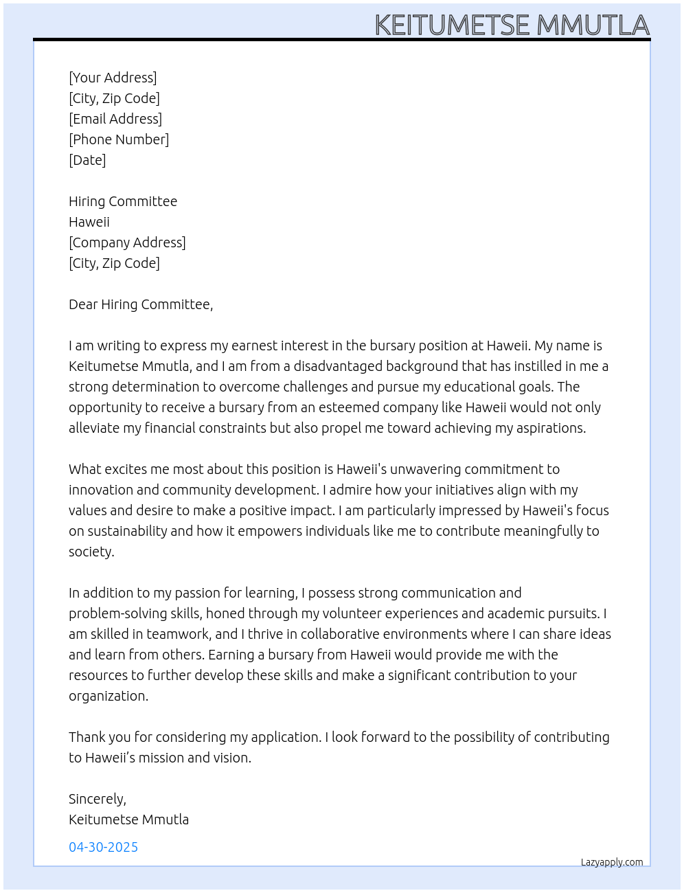 Bursary At Haweii Cover Letter