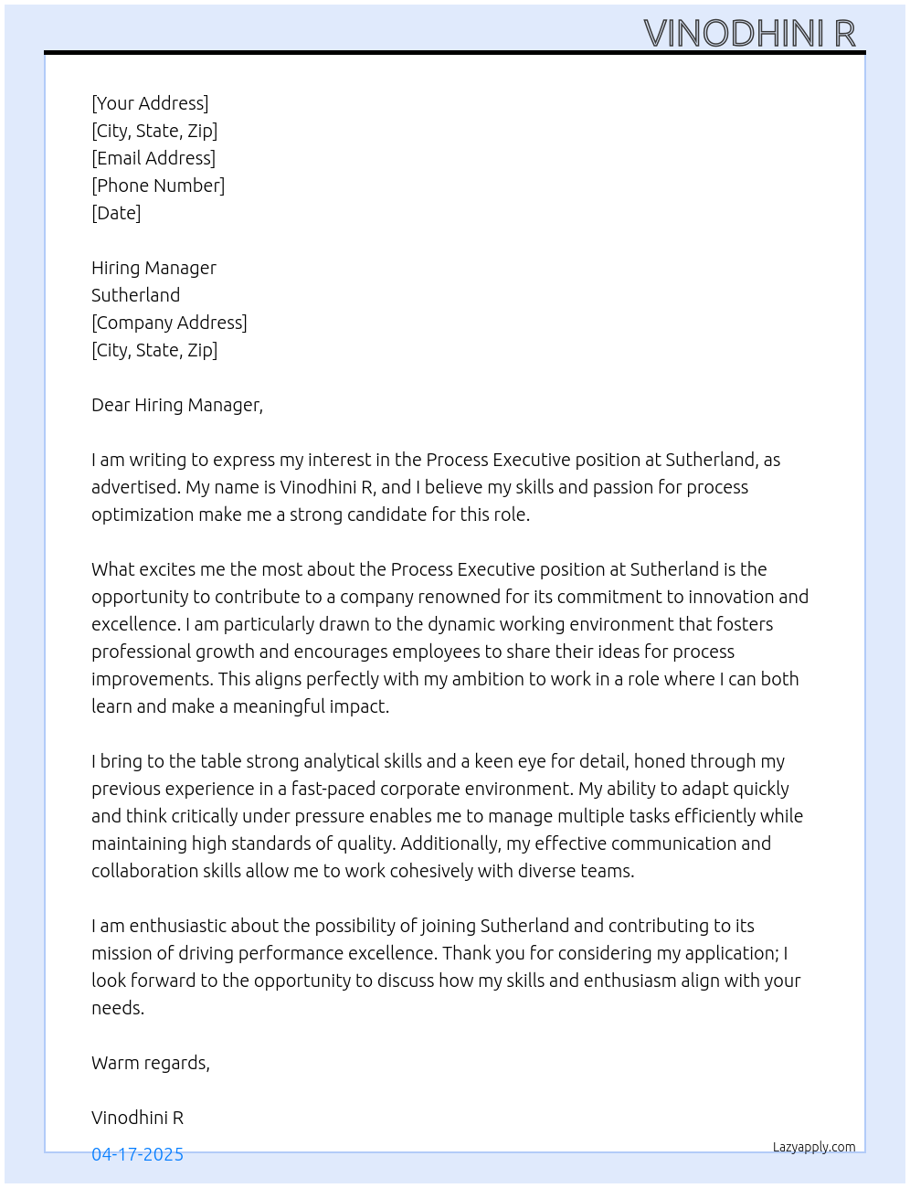 Process executive At Sutherland Cover Letter