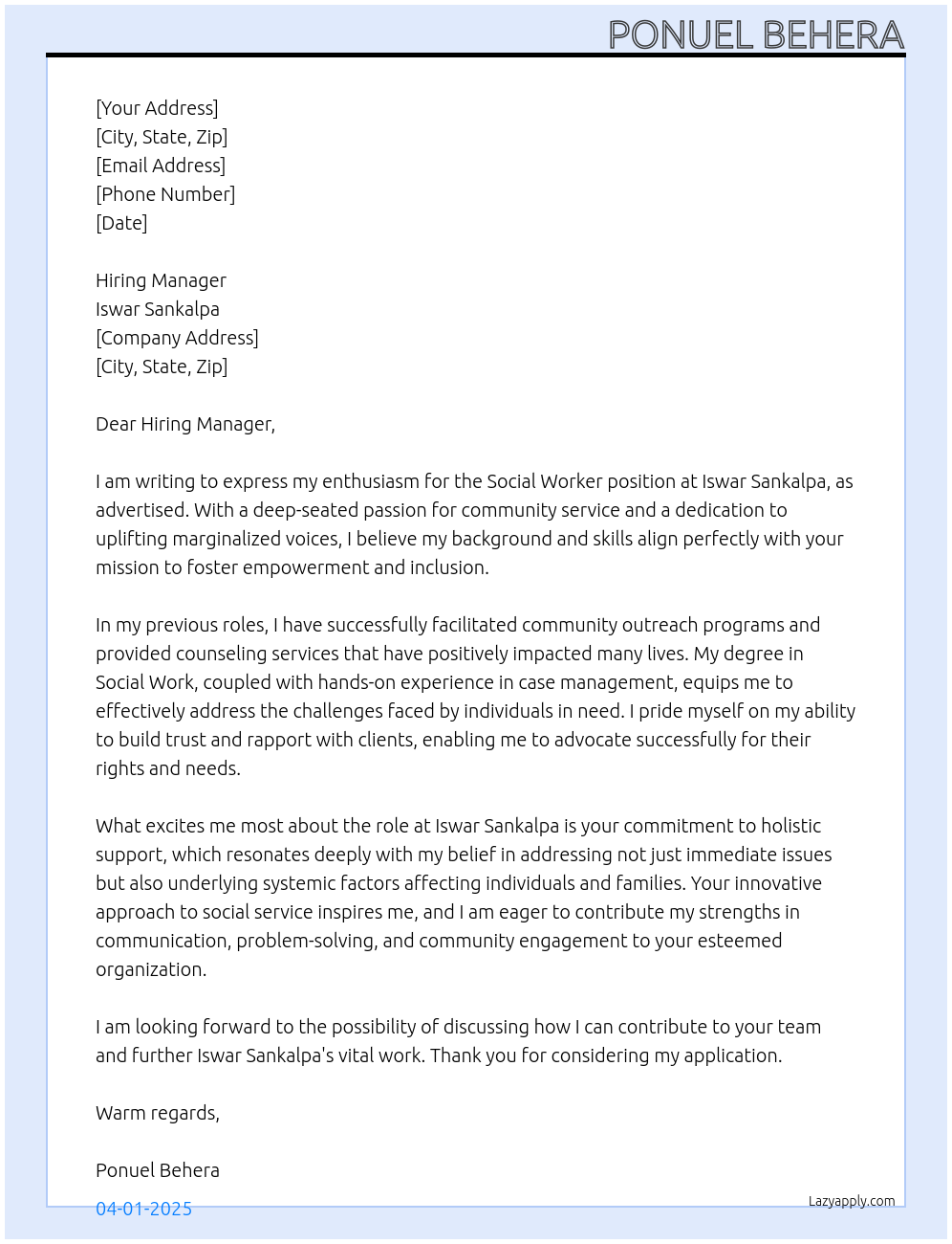 social worker At iswar sankalpa Cover Letter