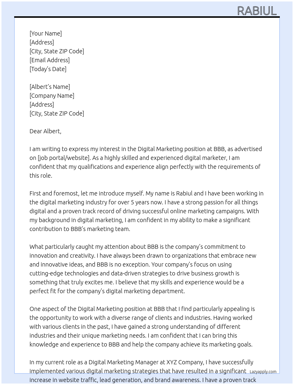 Digital marketing At Bbb Cover Letter