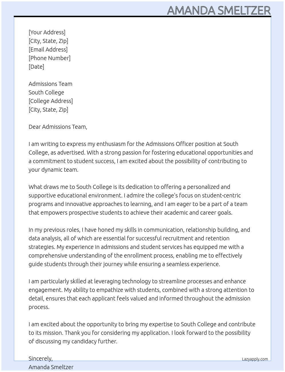 Admissions Officer At South College Cover Letter