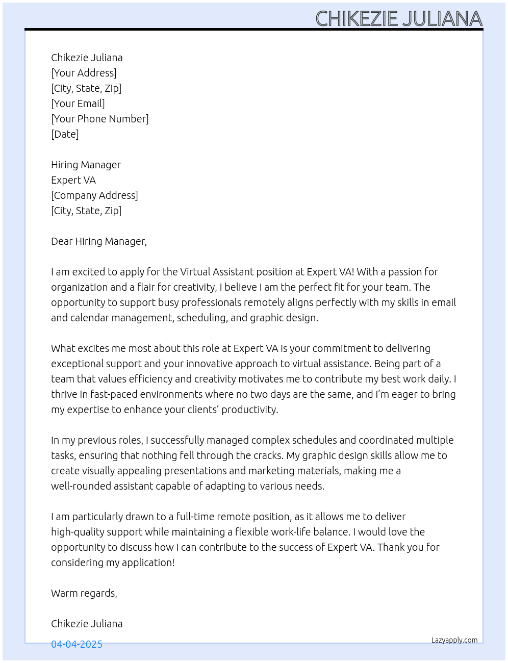 Virtual assistant  At Expert VA Cover Letter