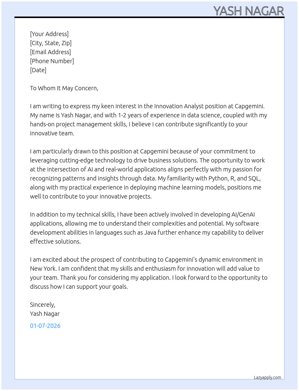 Innovation Analyst At Capgemini Cover Letter